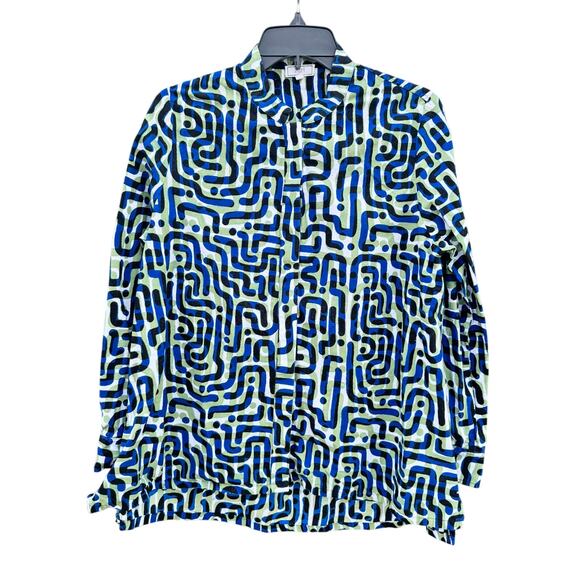 ZURI Blue & Green Geometric Print Stand Collar Button Down Shirt XS